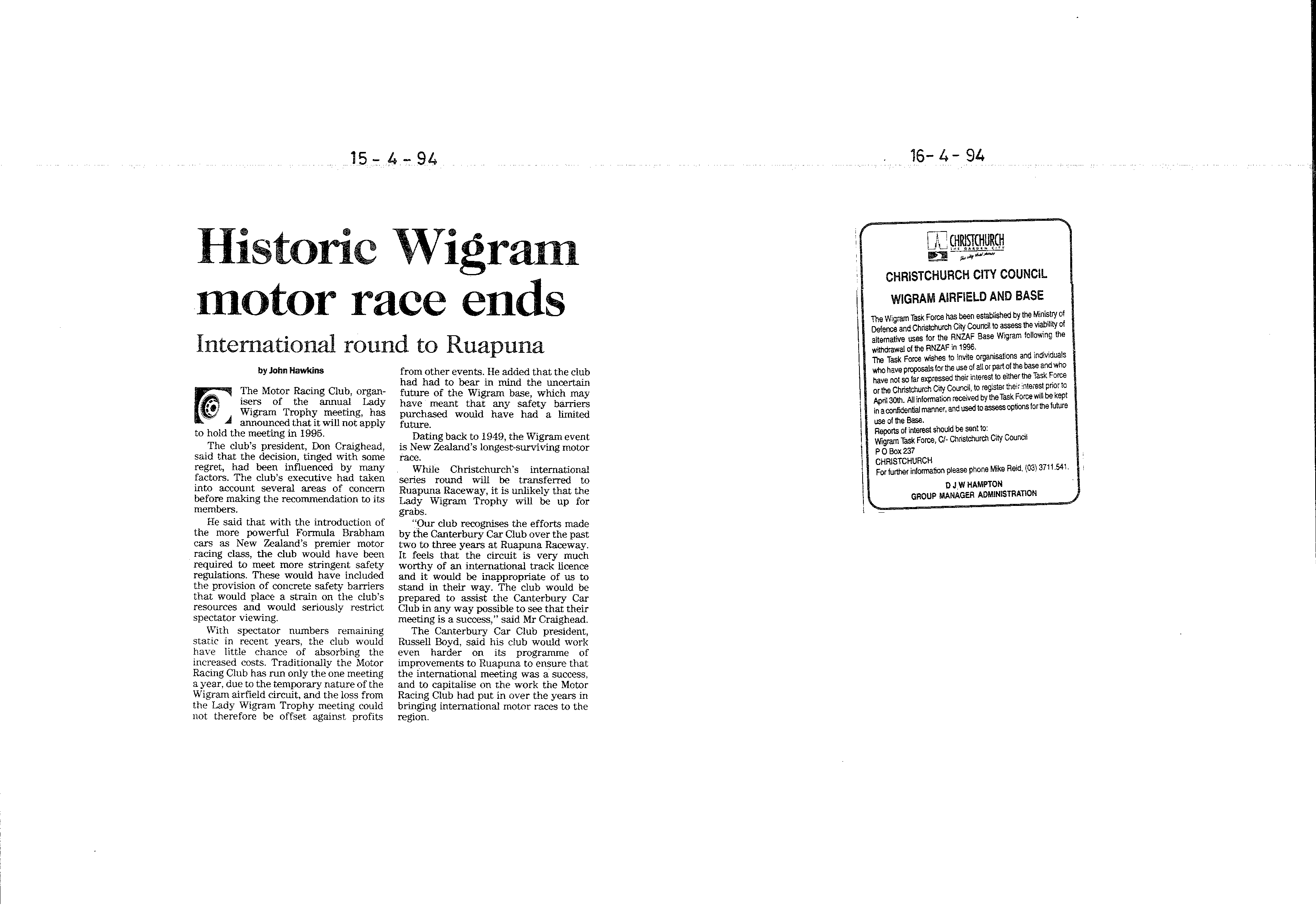 Scan of the clipping page, 15 April 1994